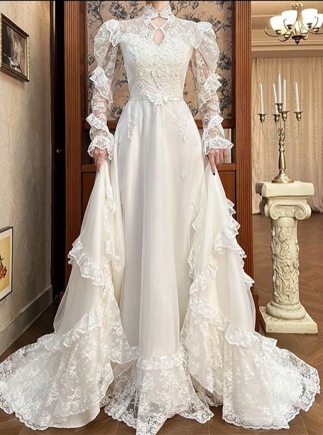 Ivory Vintage Lace Wedding Gown, Cut‑out High Neck With Keyhole V‑Detail, Puff Lace Long Sleeves With Tiered Ruffle Cuffs, Floral Lace Appliqué Waistband, A‑Line Multi‑Tier Ruffle Lace Long Train, Prom Dress gh8650