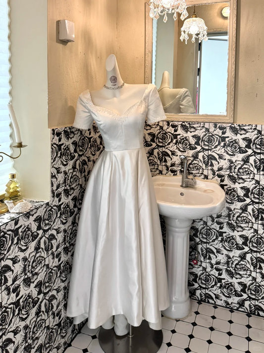 White Satin High Waist Fitted Slimming Full Flared Skirt Romantic Dress, Wedding Gown gh7601