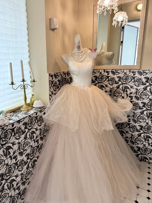 Ivory Minimalist Strapless Waist-Cinched Voluminous Skirt Long Romantic Dress, Wedding Gown gh7572