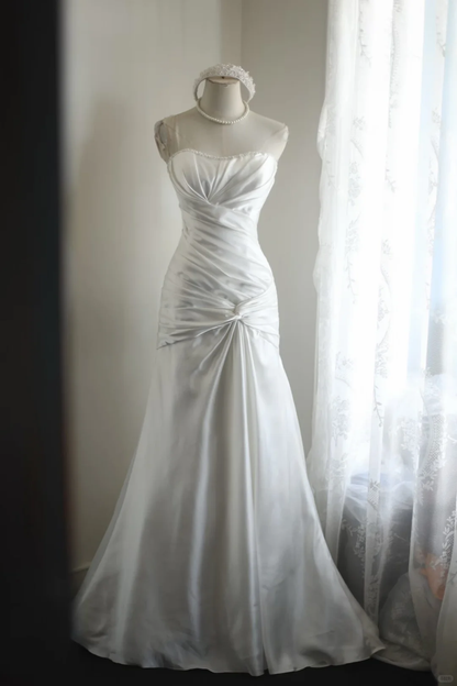 Satin Strapless Mermaid Wedding Dress, Beaded Neckline Twisted Draped Bodice Knot Detail Fitted Mermaid Bridal Gown gh9103