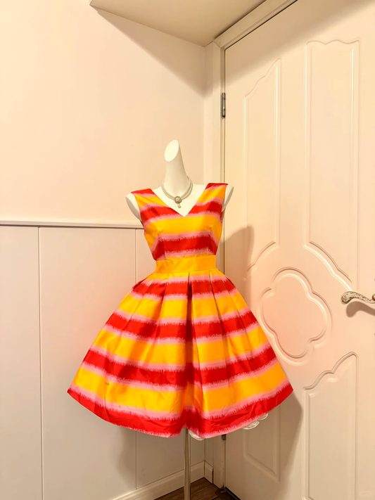 Colorful Striped Vintage Homecoming Dress Sleeveless V Neck A Line Cocktail Party Gown gh9359