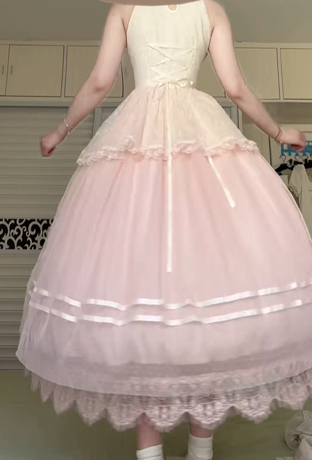 Cream‑Pink Halter Neck Lolita Victorian Long Gown, Corset Bodice Lace Overlay Ribbon Trim Tulle Ballgown Formal Prom Dress gh8985