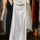 Silver Satin Spaghetti Strap Prom Dress Deep V Neck Ruffled Long Formal Evening Gown gh9835