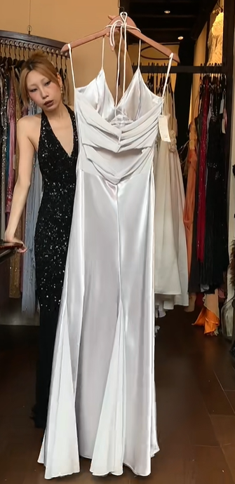 Silver Satin Spaghetti Strap Prom Dress Deep V Neck Ruffled Long Formal Evening Gown gh9835