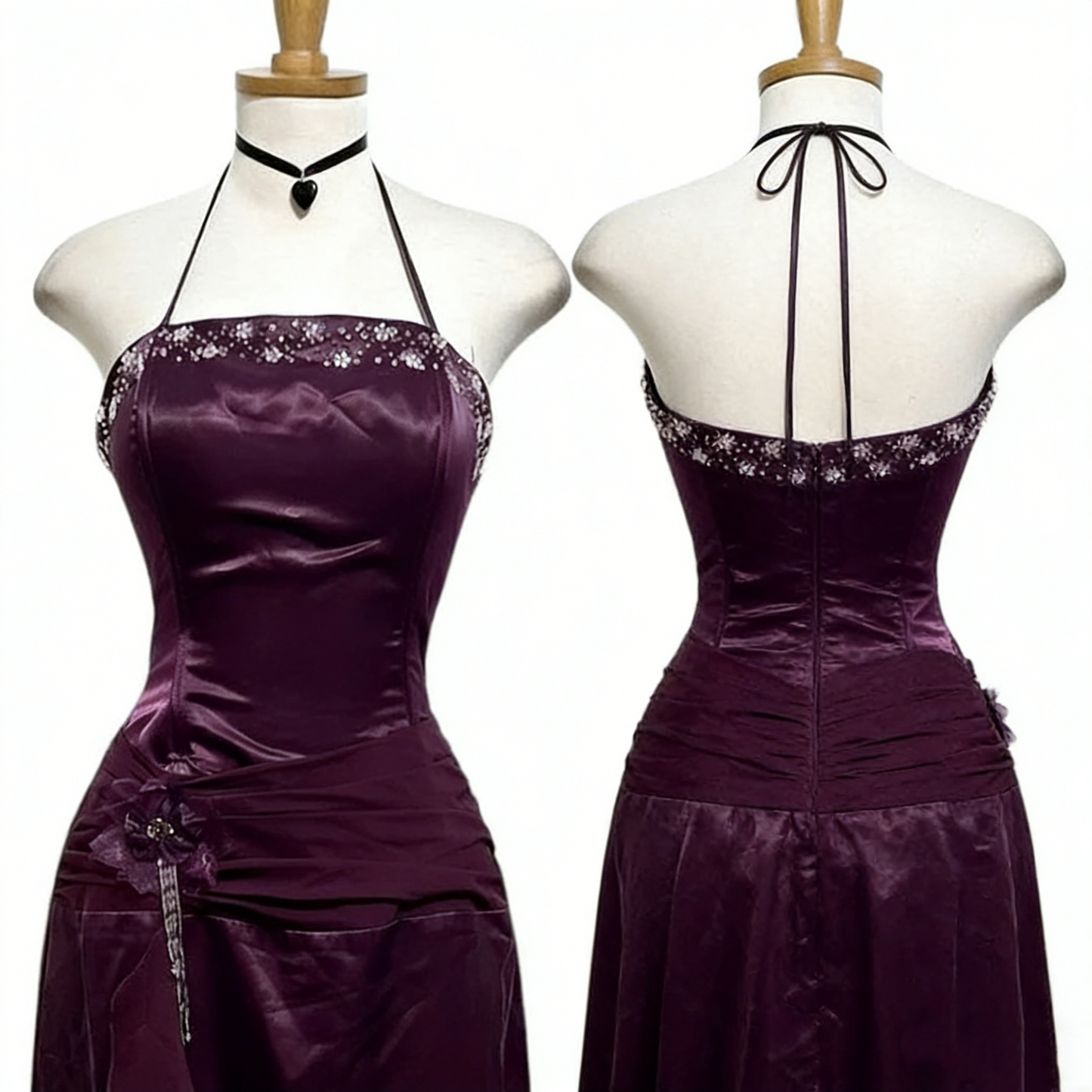 Purple Fashion Elegant Vintage Backless Exquisite Beaded Halter Prom Party Dress Long Satin Formal Evening Dress Ball Gown gh3896