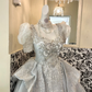 Silver Gray Puff Sleeve Waist-Cinched Voluminous Princess Skirt Long Romantic Dress, Wedding Gown gh7705