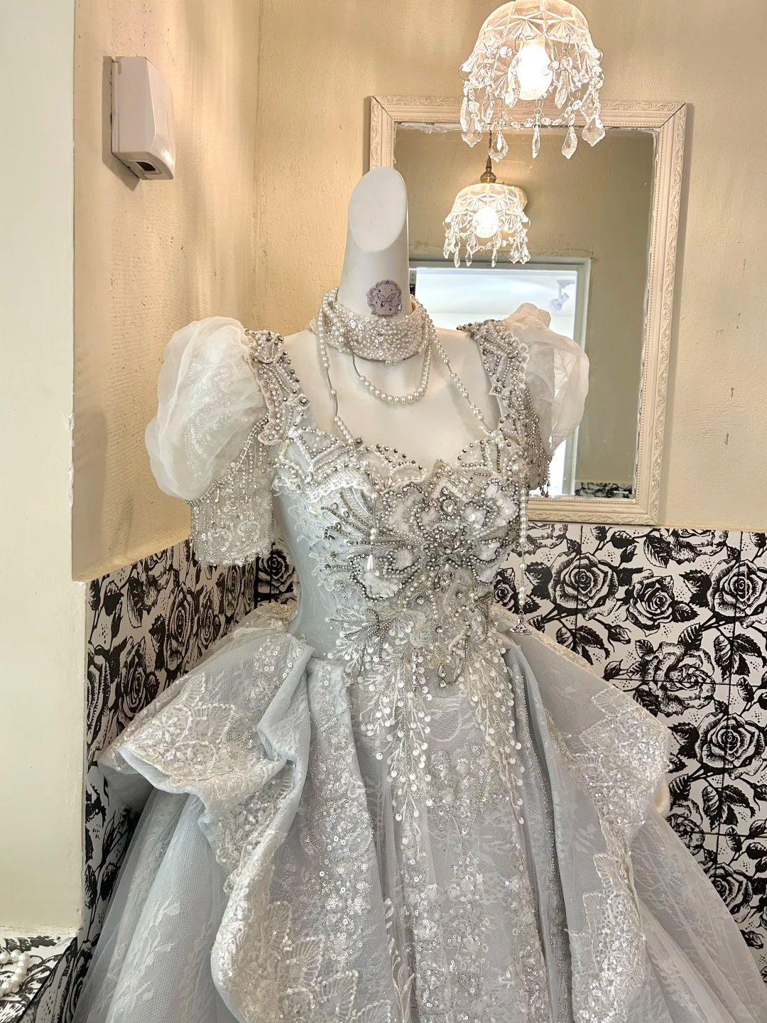 Silver Gray Puff Sleeve Waist-Cinched Voluminous Princess Skirt Long Romantic Dress, Wedding Gown gh7705