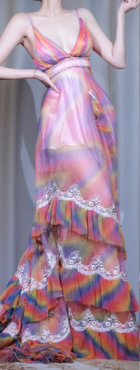 ✨Girlhomeshops-Rainbow Tiered Ruffle Tulle Prom Dress, Deep V Beaded Evening Gown gh9920