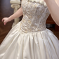 Ivory Vintage Satin Ball Gown Wedding Prom Dress, Strapless 3D Floral Trim, Beaded Embroidered Bodice, A‑Line Long Train gh8694