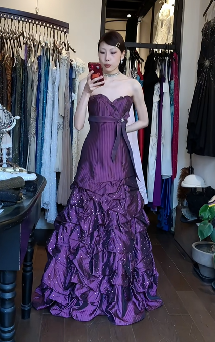 Dark Purple Strapless Sweetheart Tiered Ruffle Sparkly Long Evening Prom Dress gh9757