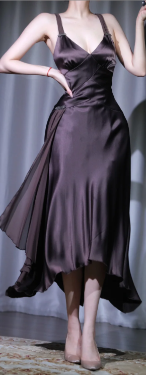 ✨Girlhomeshops-Dark Brown Satin Midi Prom Gown V Neck Double Straps Asymmetric Flowy Chiffon Cocktail Dress gh10106