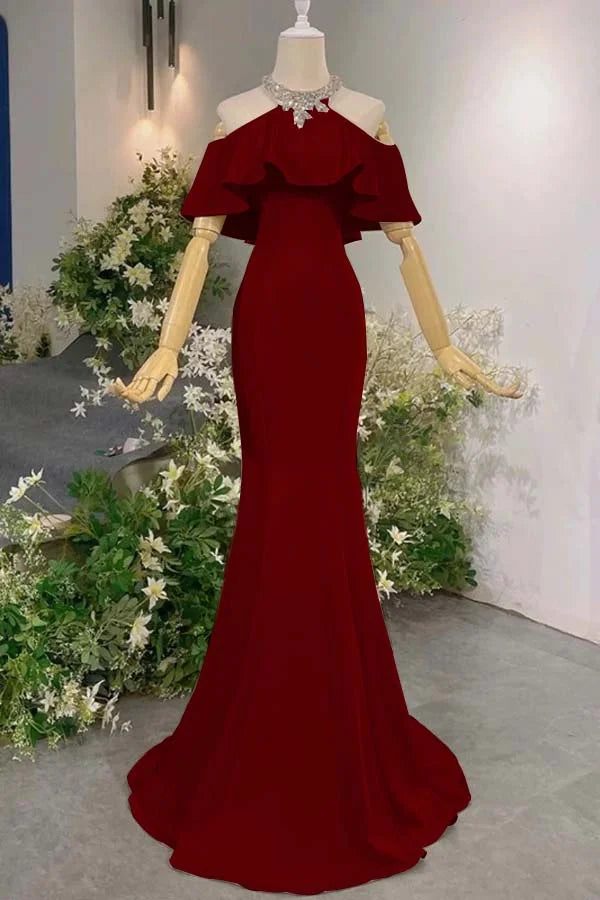 Schulterfreies, halterloses Meerjungfrauenkleid aus rosa Satin | Luxuriöses, elegantes Maxikleid mit Rüschenschleppe für den Galaball gh6482