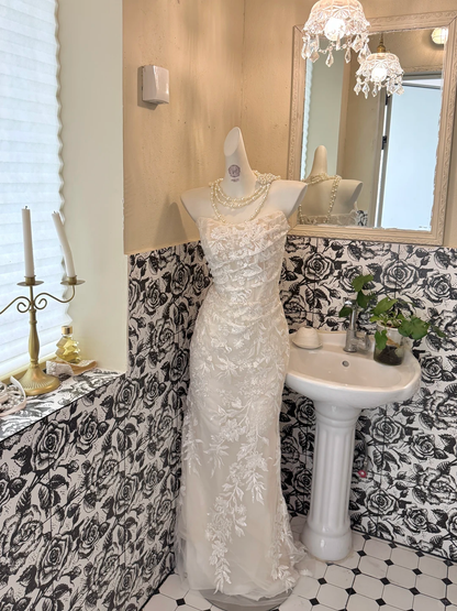 Ivory Strapless Lace Waist-Cinched Slimming Sexy Romantic Dress, Wedding Gown gh7685