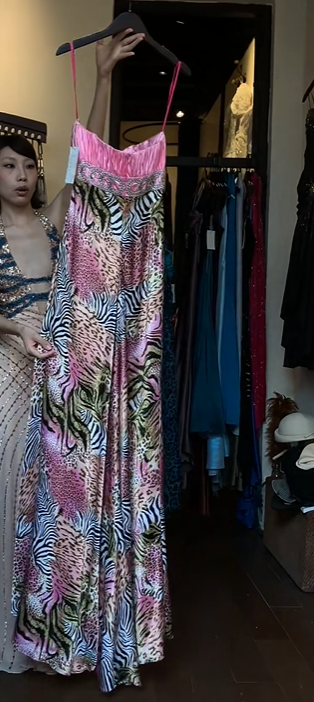 Pink Spaghetti Straps Evening Gown Ruched Satin Rhinestone Waist Leopard Zebra Print Long Formal Prom Dress gh9748
