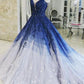 Blaues, glänzendes, elegantes V-Ausschnitt-Applikations-Farbverlaufs-Langballkleid, Ballkleid, Abendkleid, Zeremoniekleid für Erwachsene, gh3104