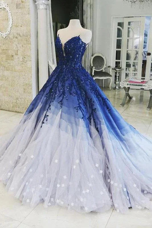 Blaues, glänzendes, elegantes V-Ausschnitt-Applikations-Farbverlaufs-Langballkleid, Ballkleid, Abendkleid, Zeremoniekleid für Erwachsene, gh3104