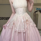 Cream‑Pink Halter Neck Lolita Victorian Long Gown, Corset Bodice Lace Overlay Ribbon Trim Tulle Ballgown Formal Prom Dress gh8985