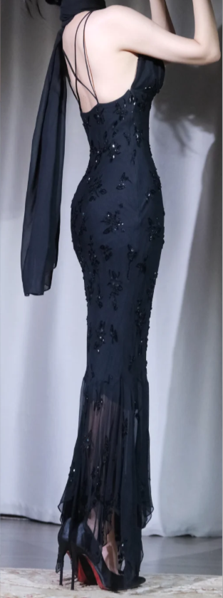 ✨Girlhomeshops-Spaghetti Strap Black Mermaid Evening Gown Beaded Floral Party Dress gh9993