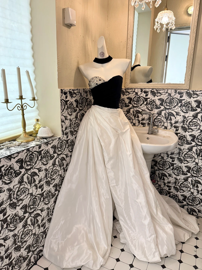 Black Strapless Designer Waist-Cinched Full Flared Long Romantic Dress, Wedding Gown gh7532