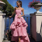Rosa Tube Top Mode Elegante Layered Lange Satin Ballkleid Abendkleid Partykleid gh3110