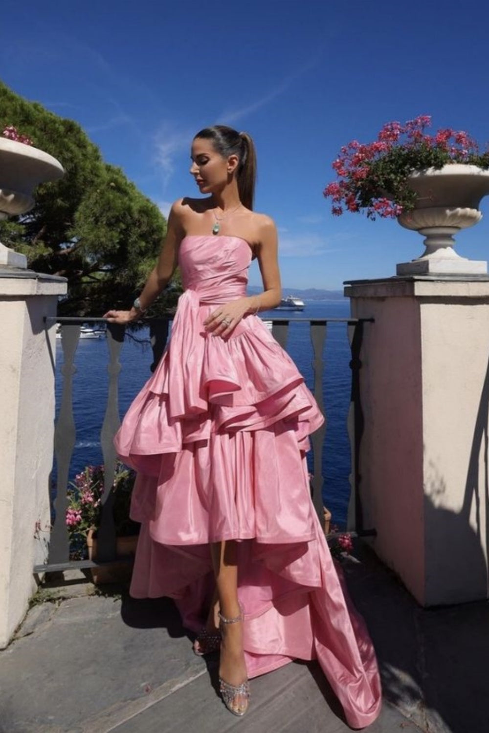 Rosa Tube Top Mode Elegante Layered Lange Satin Ballkleid Abendkleid Partykleid gh3110