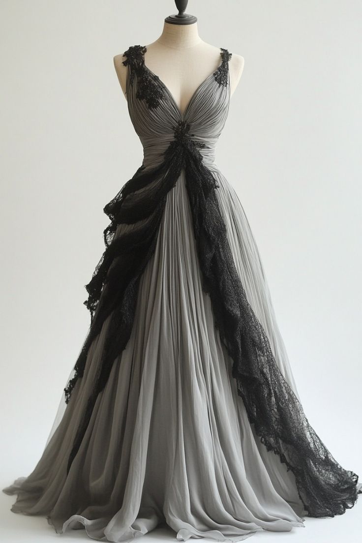 Grau Retro Mode Exquisite Schwarze Spitze V-ausschnitt A-linie Lange Tüll Ballkleid Abendkleid Brautkleid gh3398