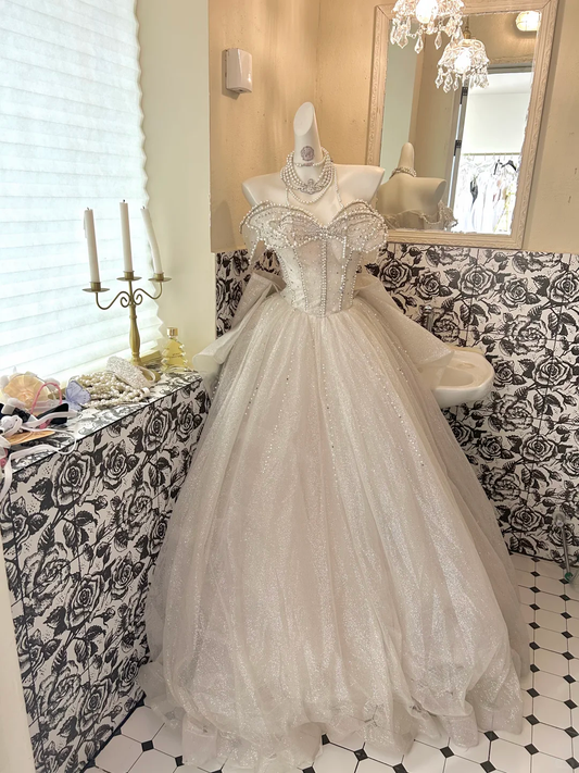 Ivory Strapless Beaded Waist-Cinched Voluminous Skirt Long Romantic Dress, Wedding Gown gh7726
