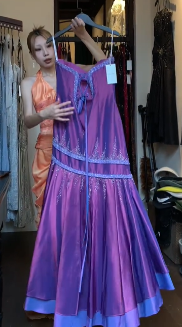 Strapless Purple Satin Prom Dress Sweetheart Neck Rhinestone Beaded Tiered Ruffle Formal Evening Gown gh9821