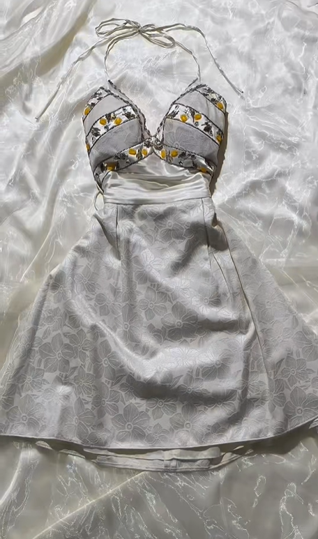Sexy Vintage Short Prom & Evening Party Dress, Cream Satin Jacquard Fabric, Halter Neck, Fitted Waist Slim Silhouette gh8586