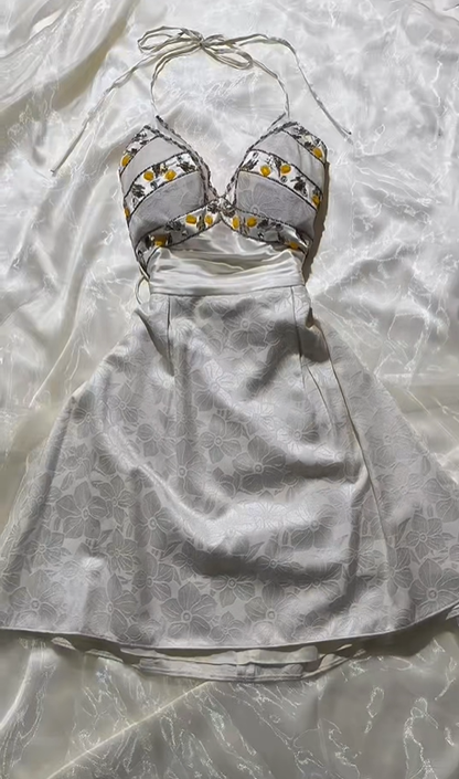 Sexy Vintage Short Prom & Evening Party Dress, Cream Satin Jacquard Fabric, Halter Neck, Fitted Waist Slim Silhouette gh8586
