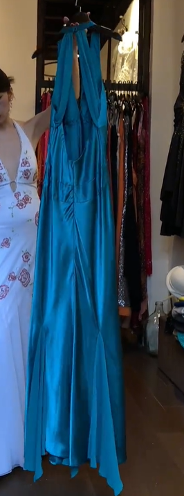 Turquoise Halter Deep V Satin Open Back Flowy A-Line Long Evening Prom Dress gh9797