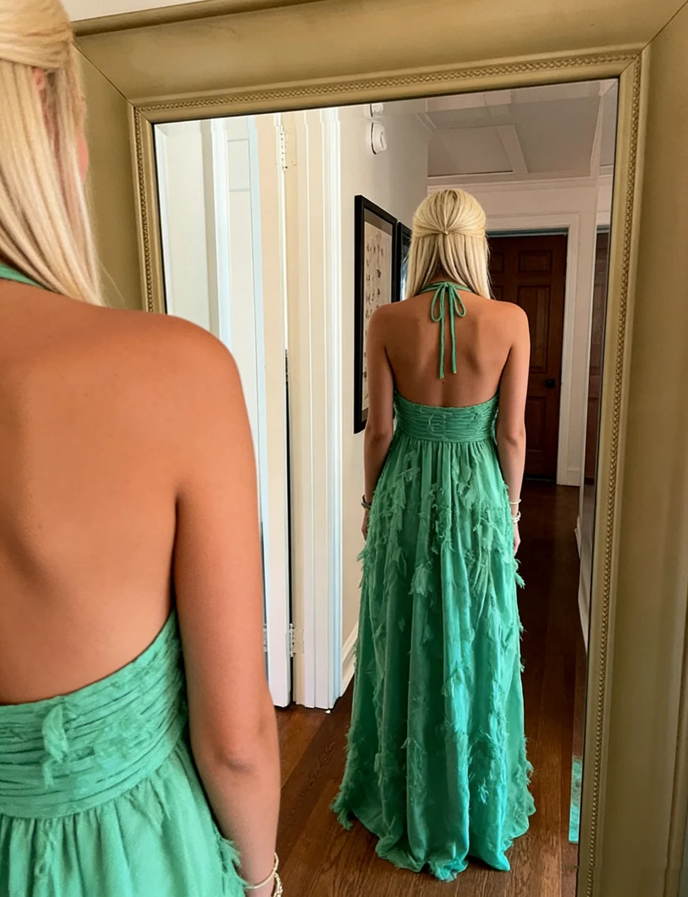 ✨Girlhomeshops-Simple A-line halter-neck evening dress, long, green, party dress gh10165