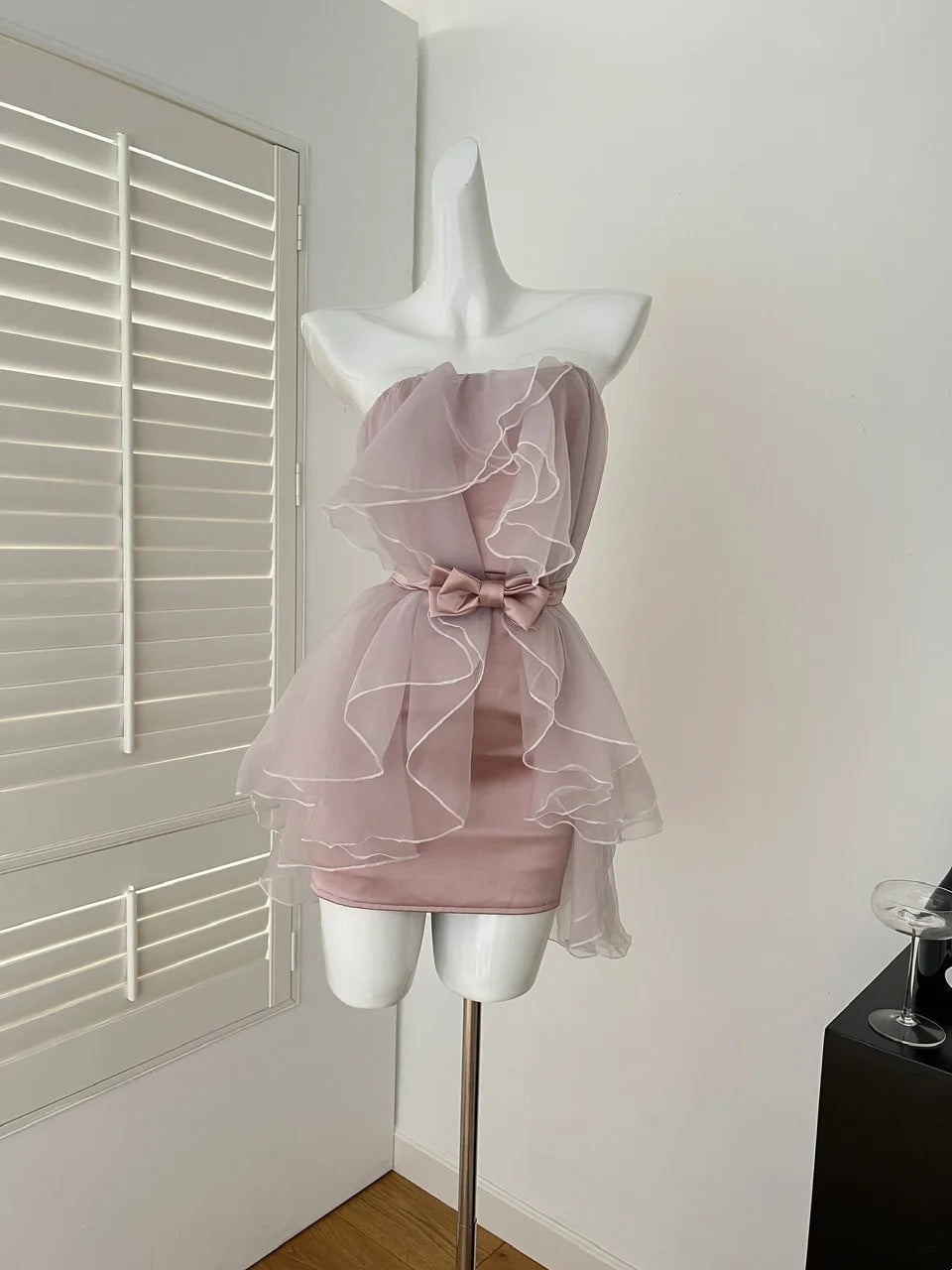 Robe de soirée courte en mousseline de soie rose/violet, style féerique, pour fête d'anniversaire, gh4843