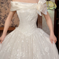 Off‑White Vintage Spaghetti Strap Off‑the‑Shoulder Fitted Waist Lace Voluminous Skirt Long Prom Gown, Wedding Dress gh8595
