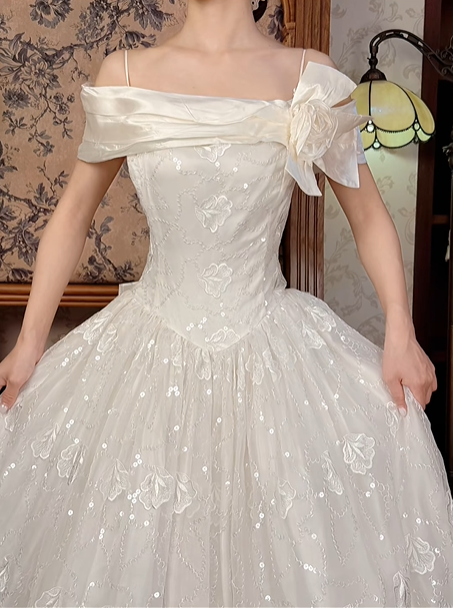 Off‑White Vintage Spaghetti Strap Off‑the‑Shoulder Fitted Waist Lace Voluminous Skirt Long Prom Gown, Wedding Dress gh8595