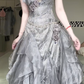 Silver‑Grey One‑Shoulder Evening Gown, 3D Floral Ruffled Shimmer Tulle Floor‑Length Prom Dress gh9053