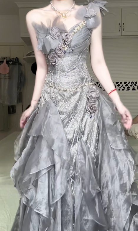 Silver‑Grey One‑Shoulder Evening Gown, 3D Floral Ruffled Shimmer Tulle Floor‑Length Prom Dress gh9053