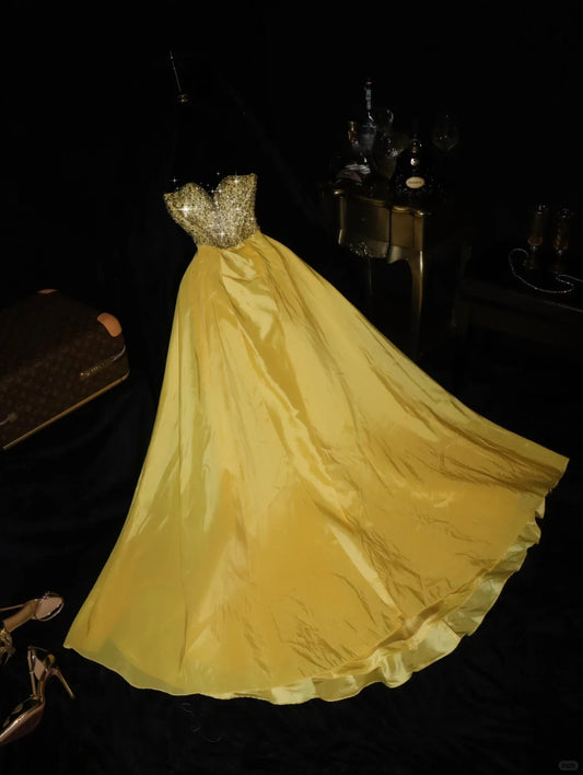Robe de soirée longue en tulle jaune, magnifique et brillante, avec perles, robe de soirée, robe d'anniversaire, gh4456