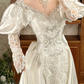 Off‑White Long Puff Sleeve Lace Palace‑Style Fitted Waist Figure‑Flattering Full Flared Skirt Long Vintage Prom Gown, Wedding Dress gh8604