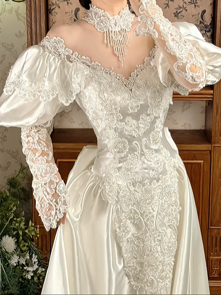 Off‑White Long Puff Sleeve Lace Palace‑Style Fitted Waist Figure‑Flattering Full Flared Skirt Long Vintage Prom Gown, Wedding Dress gh8604