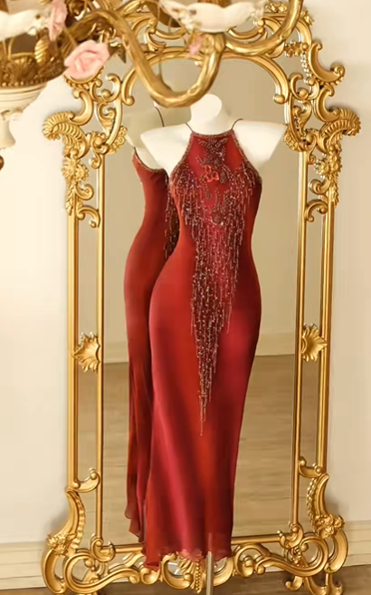 Burgundy Halter Mermaid Prom Dress Hand Beaded Fringe Bodice Long Vintage Evening Gown gh9598