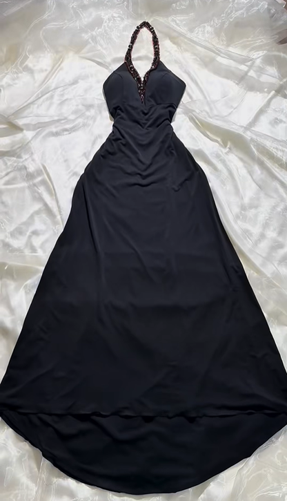 Elegant Long Prom & Evening Party Dress, Black Halter Design With Rhinestones, High Waist Slim Silhouette gh8581