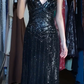 Black Halter Deep V Sequin Pleated Sheath Long Evening Prom Dress gh9772