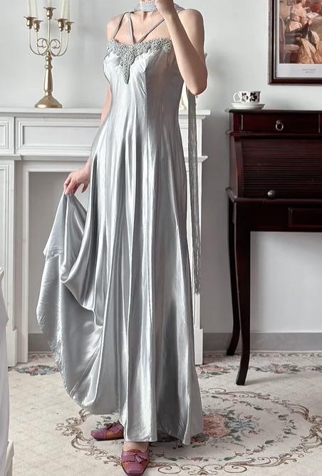 Silver‑Grey Vintage Spaghetti‑Strap Prom Gown, Exquisite Lace Applique At Bust, Lustrous Satin Fabric, Fitted Waist Draped Full A‑Line Long Skirt, Evening Prom Dress gh8811