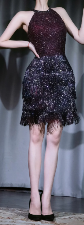 Halter Neck Gatsby Flapper Evening Dress, Hand Beaded Layered Sequin Fringe Short Formal Gown gh9895