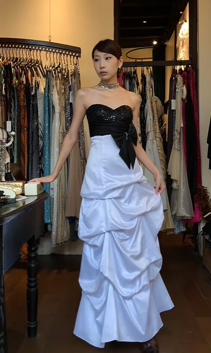 Black White Contrast Strapless Sweetheart Evening Gown Sequin Bodice Big Bow Draped Satin Long Prom Dress gh9716
