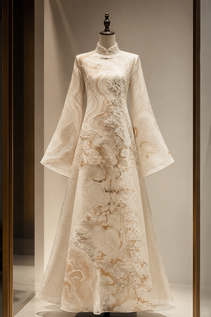 ✨Girlhomeshops-Mandarin Collar Bell Sleeve Lace Qipao Dress with Landscape Embroidery gh10299