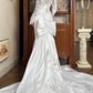 White Vintage Satin Mermaid Wedding Gown, V‑Neck Leg‑of‑Mutton Puff Long Sleeves, Lace Cuffs, Lace Appliqués Fitted Bodice, Floral Lace Embroidery Mermaid Skirt, Scalloped Lace Hem Long Train, Prom Dress gh8664