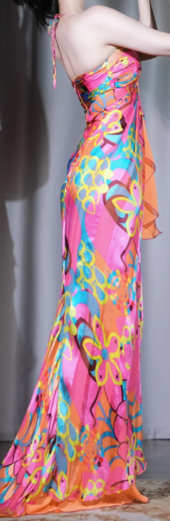 ✨Girlhomeshops-Pink Orange Floral Print Halter Maxi Dress High Slit Chiffon Party Gown gh10030