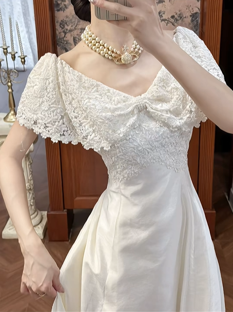 Ivory Vintage Satin A‑Line Wedding Prom Dress, Off‑the‑Shoulder Wide Lace Cape Collar, Pearl Bow, Floral Lace Appliqués Long Train gh8705